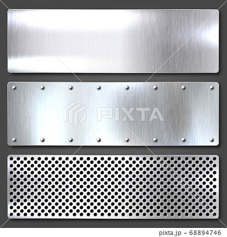 Realistic brushed metal textures set. Polished stainless steel background. Vector illustration. 68894746