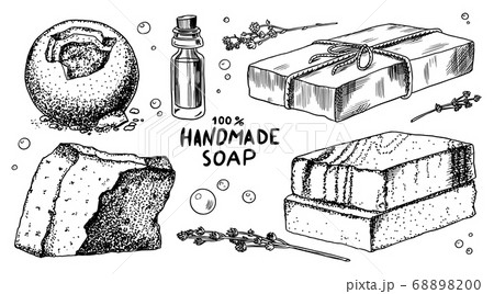 Bubble Bath soap set. Washing hands in vintage style. Homemade packaging. Foam production process Bubble Bath soap set. Washing hands in vintage style. Homemade packaging. Foam production process 68898200