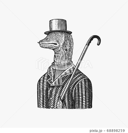 Muraena eels gentleman in a hat and suit with a cane. Fashion Animal character. Sea creature. Hand 68898259