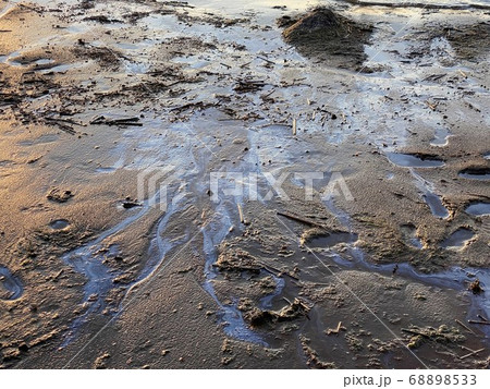oil stains on beach sand environmental disaster 68898533