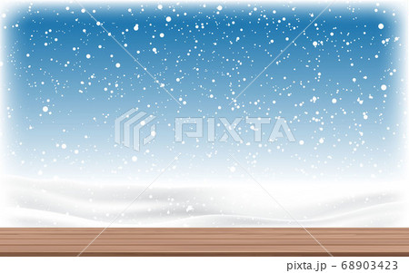 wooden table at windows in snow day 68903423