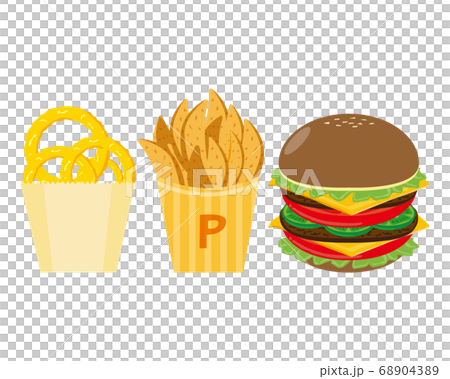 ハンバーガーとフライドポテトとオニオンリングのベクターイラスト　 68904389