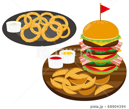 ハンバーガーとフライドポテトとオニオンリングのベクターイラスト　 68904394