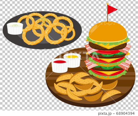 ハンバーガーとフライドポテトとオニオンリングのベクターイラスト　 68904394