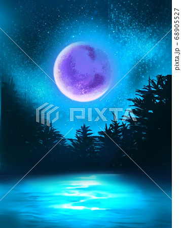 夜空に輝く星と月と森の中の不思議な泉のイラスト素材