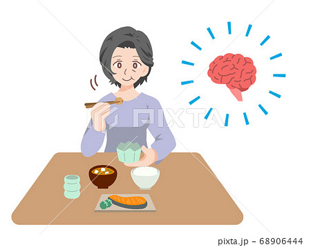 認知症予防のため よく噛んで食事をする中年女性のイラストのイラスト素材