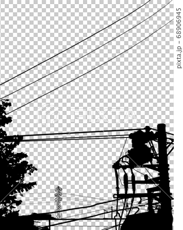 モノクロの送電塔と電線と木のシルエットのイラスト素材 モノクロの送電塔と電線と木のシルエットのイラスト素材