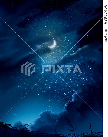 下弦の月と夜空と黒雲の夜景のイラスト素材