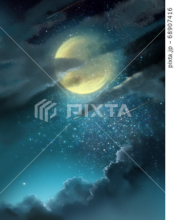 黄色い月と黒雲と星空の夜景のイラスト素材