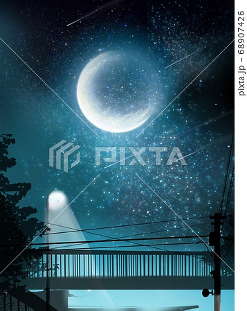 星空の下弦の月と電柱と橋のシルエットのイラスト素材