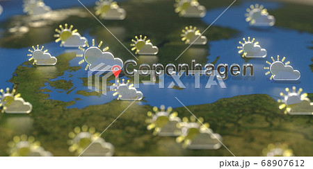 Partly cloudy weather icons near Copenhagen city on the map, weather forecast related 3D rendering 68907612