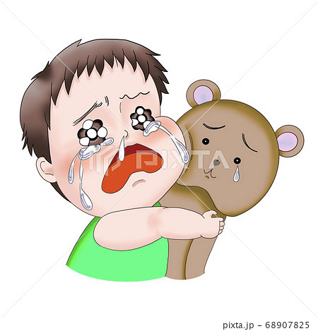 泣いてクマのぬいぐるみに抱きついている赤ちゃん 男の子 のイラスト素材 6075