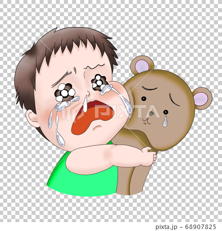 泣いてクマのぬいぐるみに抱きついている赤ちゃん 男の子 のイラスト素材 6075