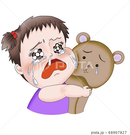 泣いてクマのぬいぐるみに抱きついている赤ちゃん 女の子 のイラスト素材 6077