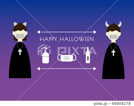ハロウィン_仮装した男女とコロナ予防対策(夕焼け)01 ハロウィン_仮装した男女とコロナ予防対策(夕焼け)01 68908278