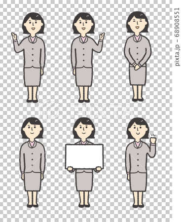 正面を見て説明する色々なポーズのスーツの女性 68908551