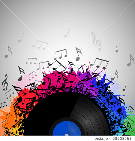 Illustration of vinyl record with music notes rainbow watercolor splashes 68908563