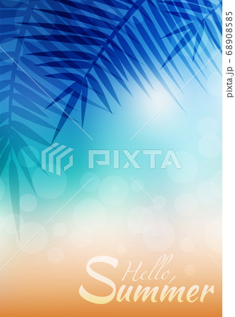 Summer greeting card with blurred background and  palm branches. Beach with sparkles 68908585