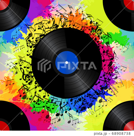 Seamless texture with a vinyl record, music notes 68908738