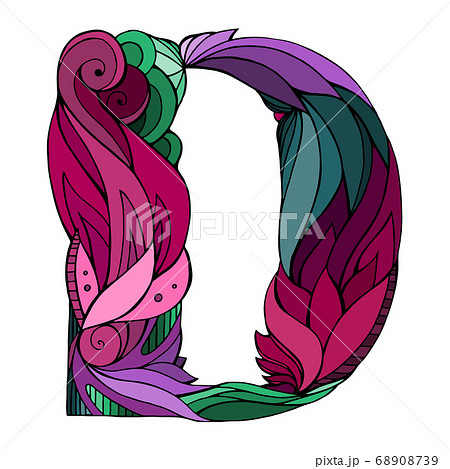 Coloring freehand drawing capital letter D  with floral doodle pattern. Vector element  68908739