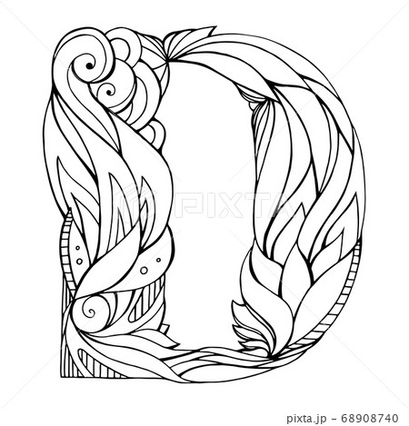 Black and white freehand drawing capital letter D with floral doodle pattern 68908740
