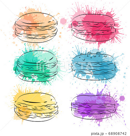 Set contour drawing macaroon with colorful atercolor splashes. Bakery and pastries. Vector element 68908742