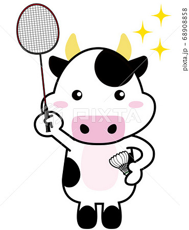 牛06_25（スポーツ・キラキラ・バドミントンを持つ牛さん） 68908858