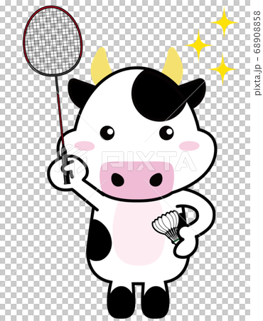 牛06_25（スポーツ・キラキラ・バドミントンを持つ牛さん） 68908858