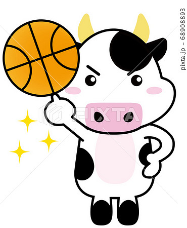 牛06 スポーツ キラキラ バスケットボールを持つ牛さん のイラスト素材 60