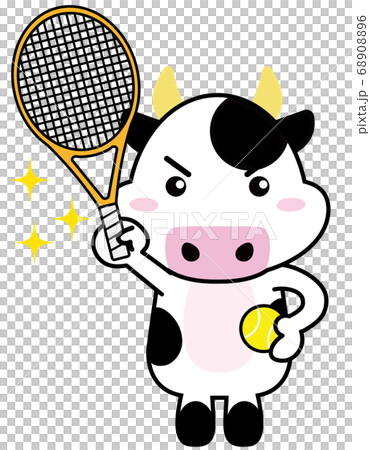 牛06 24 スポーツ キラキラ テニスラケットを持つ牛さん のイラスト素材 6086