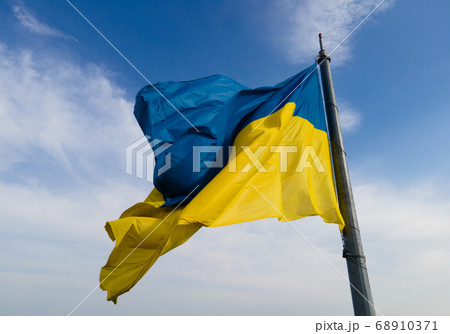 National flag of Ukraine by day. Kyiv aerial 68910371
