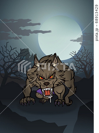 満月を見て変身する狼男 2頭身 背景 のイラスト素材