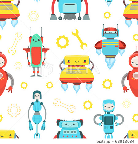 Artificial Intelligence, Robotic Technology Seamless Pattern with Cute Friendly Android Robots, Design Element Can Be Used for Fabric, Wallpaper, Packaging Vector Illustration 68913634