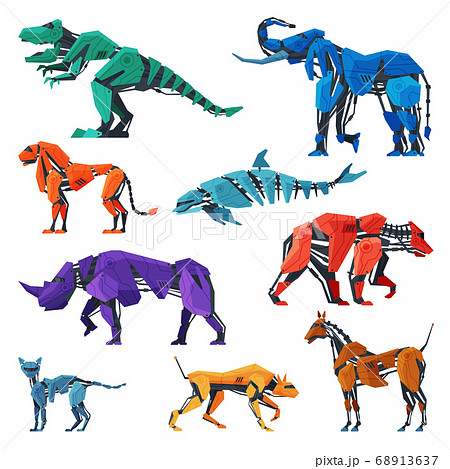 Animals Robots Set, Dinosaur, Elephant, Dolphin, Bear, Horse, Dog, Lion Artificial Intelligence Robotic Creatures Vector Illustration 68913637