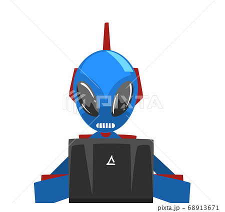 Alien Sitting in front of Computer, Robot Android Working with Laptop, Artificial Intelligence Concept Vector Illustration 68913671
