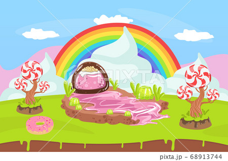 Sweet Candy Land, Fantasy Landscape with Rainbow, Desserts and Sweets Vector Illustration 68913744
