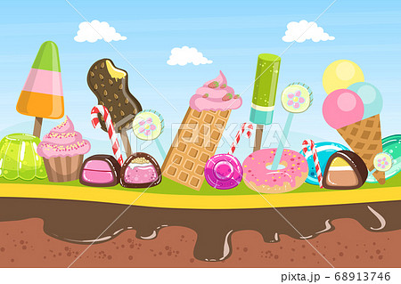 Sweet Candy Land, Fantasy Landscape with Desserts, Ice Cream and Sweets Vector Illustration Sweet Candy Land, Fantasy Landscape with Desserts, Ice Cream and Sweets Vector Illustration 68913746