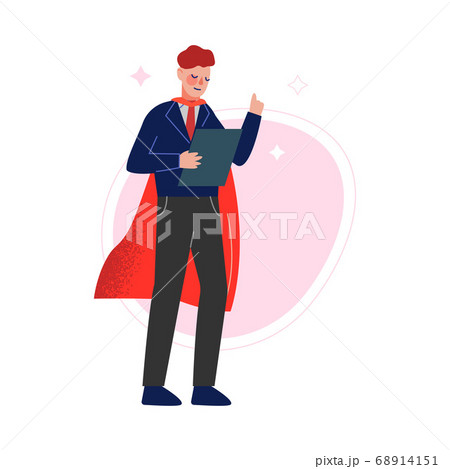 Super Man in Red Waving Cape Raising Up His Finger Giving Advice, Successful Superhero Business Person Character, Leadership, Challenge Goal Achievement Vector Illustration 68914151