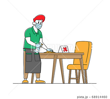 Waiter in Protective Face Mask and Gloves Disinfecting Tables at Cafe or Restaurant. Hospitality Service at Coronavirus Waiter in Protective Face Mask and Gloves Disinfecting Tables at Cafe or Restaurant. Hospitality Service at Coronavirus 68914460