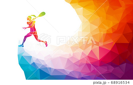Creative silhouette of female squash player. Racquet sport vector illustration or banner template in trendy abstract colorful polygon style with rainbow back 68916534