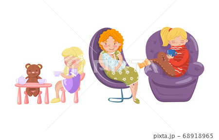 Woman Nestling in Armchair and Drinking Hot Tea and Kid Sitting on Chair and Playing Toy Bear Vector Illustration Set 68918965