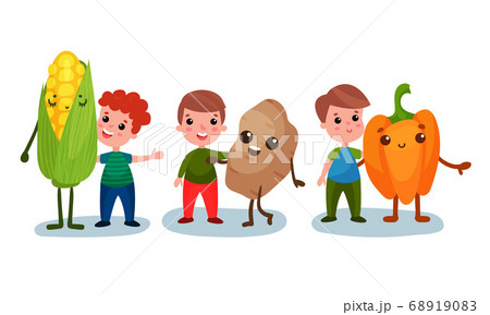Little Boys Embracing with Humanized Vegetables Vector Set 68919083