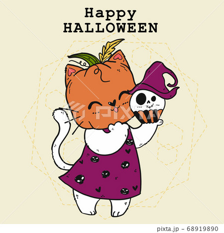 cute doodle happy white cat with craved pumpkin 68919890