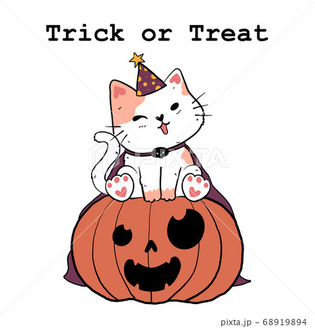 Cute Doodle White Fat Cat In Purple Witch Hat Andのイラスト素材 6194