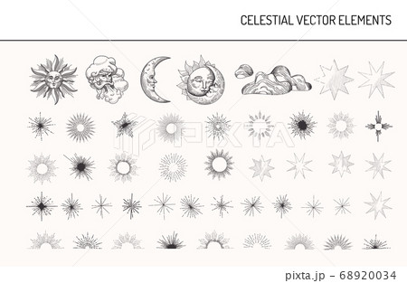 Set Of Vintage Design Elements Sun Moon のイラスト素材 6034