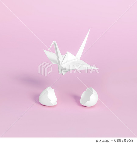 Origami Bird, bird paper crane with egg is broken on pink background 3d rendering. 3d illustration bird paper craft for Hiroshima remembrance day minimal style concept. 68920958