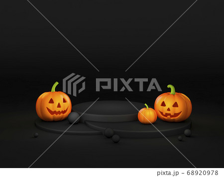 Halloween pumpkin and human skull with podium display stand on dark background 3d rendering. 3d illustration pumpkin for celebration luxury Halloween event template minimal style concept. Halloween pumpkin and human skull with podium display stand on dark background 3d rendering. 3d illustration pumpkin for celebration luxury Halloween event template minimal style concept. 68920978