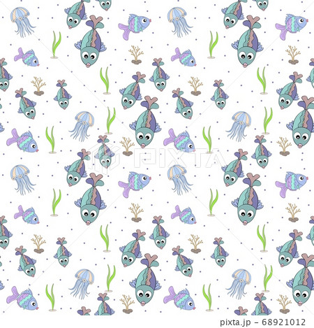 Jellyfish and small fish swim on a white Jellyfish and small fish swim on a white 68921012