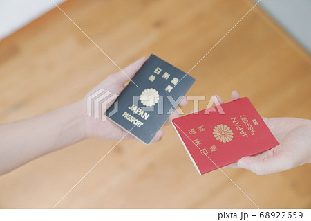 日本のパスポート 紺色と赤色の写真素材 日本のパスポート 紺色と赤色の写真素材
