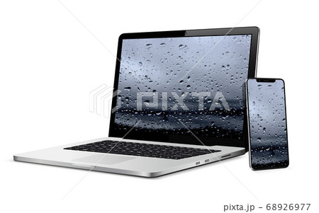Laptop and smartphone with water drops wallpaper on screen isolated on white background Laptop and smartphone with water drops wallpaper on screen isolated on white background 68926977